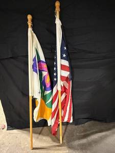 Iris Flower Garden Flag & US Flag on Wood Poles (Lot of 2)