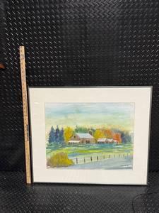 Framed and Signed Original Watercolor Rural Landscape with Barns and Trees Stalland 96