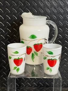 Strawberry Pattern Glass Pitcher with Matching Tumblers
