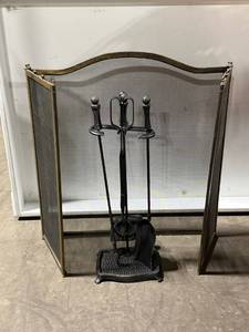 Brass Hammered Fireplace Screen with Tool Set