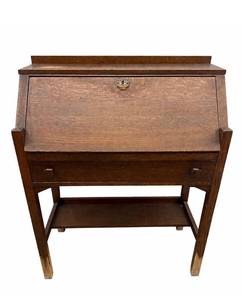 Vintage Oak Secretary Desk with Drop-Front Writing Surface and Pigeonhole Cubby