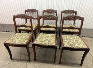 Six Duncan Phyfe Style Mahogany Carved Rose Back Chairs with Upholstered Seats