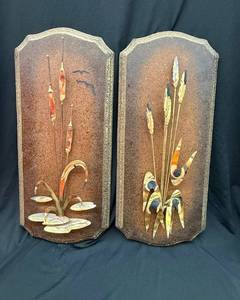 Pair of MCM Wall Plaques with Metal Cattail and Reed Motifs