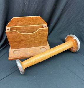 Two-Piece Vintage Wooden Desk Accessory Set Round-Head Mallet & Antique Wooden Spool