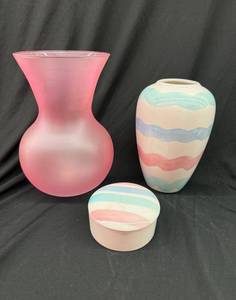 Assorted Glass Vases & Jars (Flared Frosted Vase, Striped Wave Vase, 2 Lidded Jars) (Lot of 4)