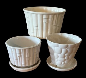 LLBR - Two Vintage McCoy Soft White Bamboo Planter Pot and Vintage Brush McCoy Pebble Planter