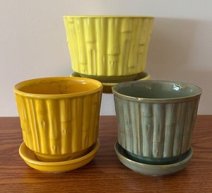 LLBR - Trio of Vintage McCoy Planter Pots with Raised Bamboo Pattern