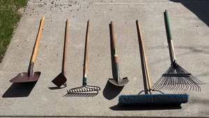 G - Assorted Garden Tools - Shovels, Rakes, Broom and More