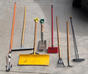 G - Assorted Shovels, Rakes, Brooms & More - Yard Tools