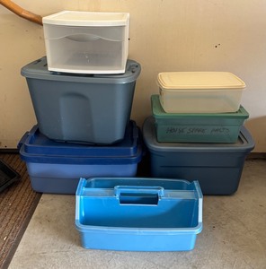 G - Assorted Plastic Storage Bins with Lids and Caddy