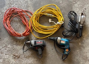 G - Craftsman 38 in Drill, Ryobi Screw Driver, Shop Light & Assorted Extension Cords