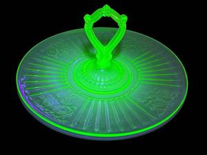 K3 - Anchor Hocking Mayfair Rose Uranium Glass Tidbit Tray - Vintage Depression Glass