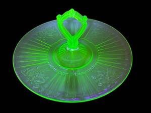 K3 - Anchor Hocking Mayfair Rose Uranium Glass Tidbit Tray - Vintage Depression Glass
