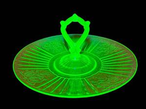 K - Vintage Anchor Hocking Mayfair Rose Pattern Uranium Green Depression Glass Tidbit Tray