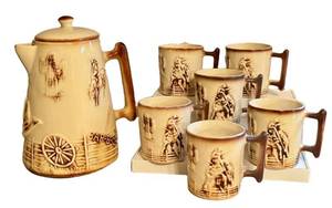 LR - Vintage McCoy El Rancho Western Pattern Coffee Pot & Mugs Set