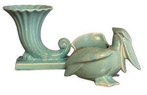 K1 - McCoy Cornucopia Vase & Vintage Nelson McCoy Pelican Planter - Turquoise (Lot of 2)