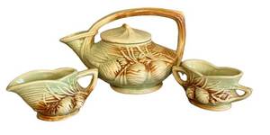K2 - Vintage McCoy Pine Cone Tea Set - Teapot With Lid & Cups, 1940s Brown & Green Glaze