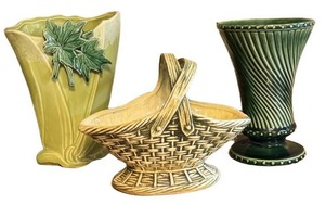 K - Vintage McCoy Floraline Spiral Vase - McCoy Basketweave Planter - McCoy Rustic Leaf Vase (Lot of 3)