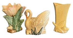 K - Vintage McCoy Lily Bud Tulip Vase, Double Tulip Vase & Swan Figurine Vase (Lot of 3)
