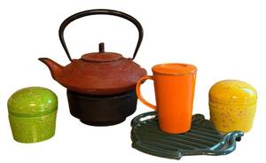 K - Assorted Tea Time Teaware - Teapot, Tea Canisters & Trivet, Pre-Owned