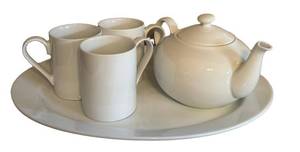 LR - Fitz and Floyd Everyday White Porcelain Platter, Teapot & 3 Mugs (Lot of 5)
