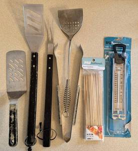 LR - Assorted Barbecue Tools - Spatulas, Tongs, Skewers & Thermometer