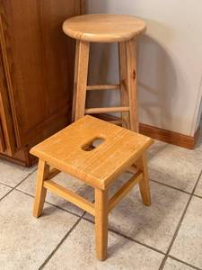 K - Two Oak Stools - 24-Inch Round-Seat Stool (12.5 Dia) & 12-Inch Square-Seat Stool (11x11)