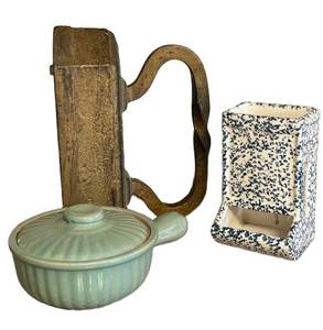 K - McCoy Pottery Match Holder, Vintage Glazed Covered Dish & Antique Iron Door Stop (Lot of 3)