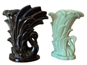 LLR - Vintage McCoy Aqua Swan in Reeds Vase & Vintage McCoy Black Swan Vase