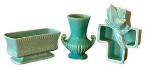 LLR - Vintage 1940s McCoy Pottery Trio - Lily Bud Cross-Shaped Aqua Green Planter - Rectangular Pedestal Planter & McCoy Pottery Turquoise Art Deco Vase