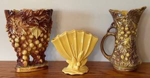 Vintage McCoy Pottery Grape Cluster Vase, PitcherEwer with Grapes & Leaves, Yellow Fan Vase (Lot of 3)