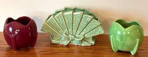 LLR - McCoy Vintage Pottery Planter Lot - Green Fan Planter & Two Tulip Shaped Planters