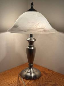 LLR - Table Lamp With Frosted Glass Shade - 20 High, Metal Base, Wood-Toned Column