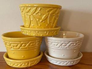 LLR - McCoy Pottery Planters - Greek Key Pattern (2) & Leaf & Berry Pattern (1)