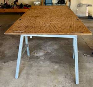 G - Two Metal Sawhorses with Wooden Top - 81 in x 38 in x 29 in Garage Work Table