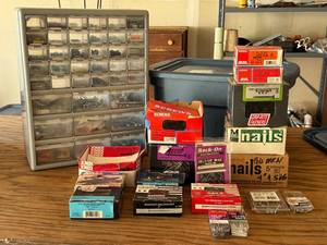 G - Assorted Screws, Nails & Fasteners and Plastic Organizer Box
