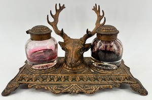 Bradley & Hubbard Antique Ink Well with Twin Glass Bottles