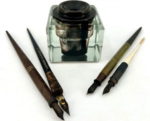 Antique Glass Inkwell with Assorted Pens including A. W. Faber Berkeley 445 USA Dip Pen Nibs