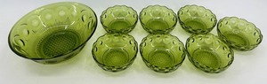 Vintage Bartlett Collins Green Glass Bowls Set of 8 - 1 Large Bowl & 7 Smaller Bowls