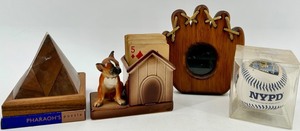 Pharaohs Puzzle Pyramid & Assorted Desk Items - Dog Figurine, Wooden House, NYPD Baseball
