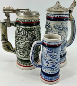 Avon Ceramic Tankards with Lids - Airplane &amp Train Motifs&nbsp