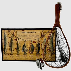 Shakespeare World Records Poster & Fish Net with Shakespear Wondereel Fishing Pole Reel
