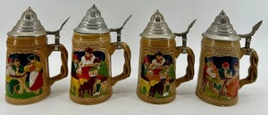 Four Folk Art Beer Steins with Pewter Lids - Made in Taiwan