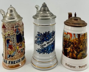 Budapest, Hungary Beer Stein with Ornate Pewter Lid & Zum Geburtstag Inscription
