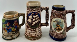 Three Stoneware Beer Steins with Maritime Scenes - Mariners Inn & The Little Mermaid