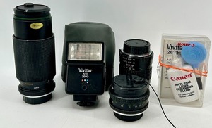 Vivitar Auto 2600 Flash & Minolta Rokkor-PF 50mm Lens - Assorted Lenses & Canon Cleaning Fluid Kit