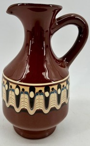 Mid Century Bulgarian-Made Ceramic Pitcher with Flared Neck and Decorative Band