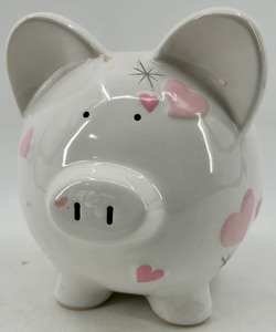 Child to Cherish Ceramic Piggy Bank Figurine with Heart Motifs & Starburst Accent