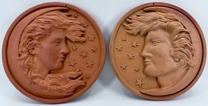 Pair of 15-Inch Round Terracotta Wall Plaques - Man in the Moon Motif