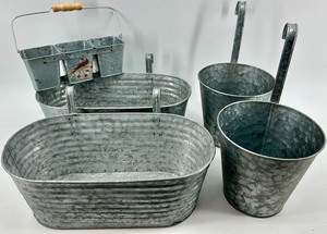 Galvanized Metal Buckets & Caddy Set with Bird Accent